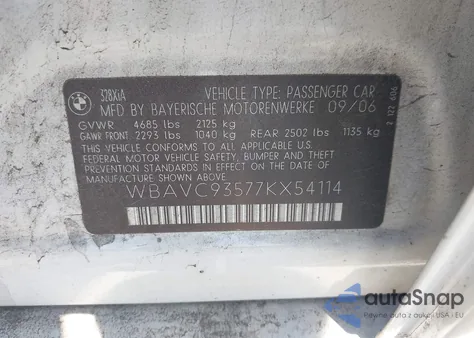 2007 BMW 328Xi из США, поврежденный, VIN WBAVC93577KX54114